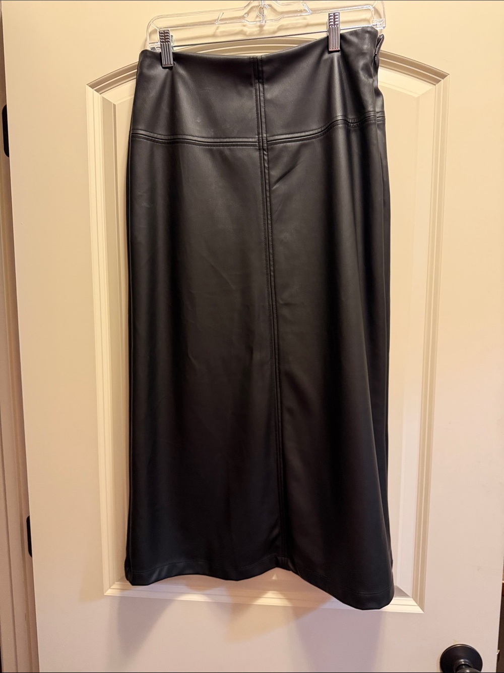 a new day Black Faux Leather Midi Skirt with Seamed Paneling
